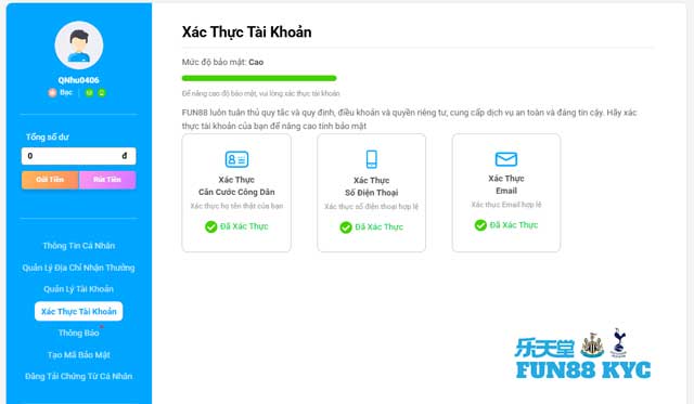 Quy trình xác minh danh tính KYC tại Fun88 giúp rút tiền nhanh và ẩn danh mạng TRC20